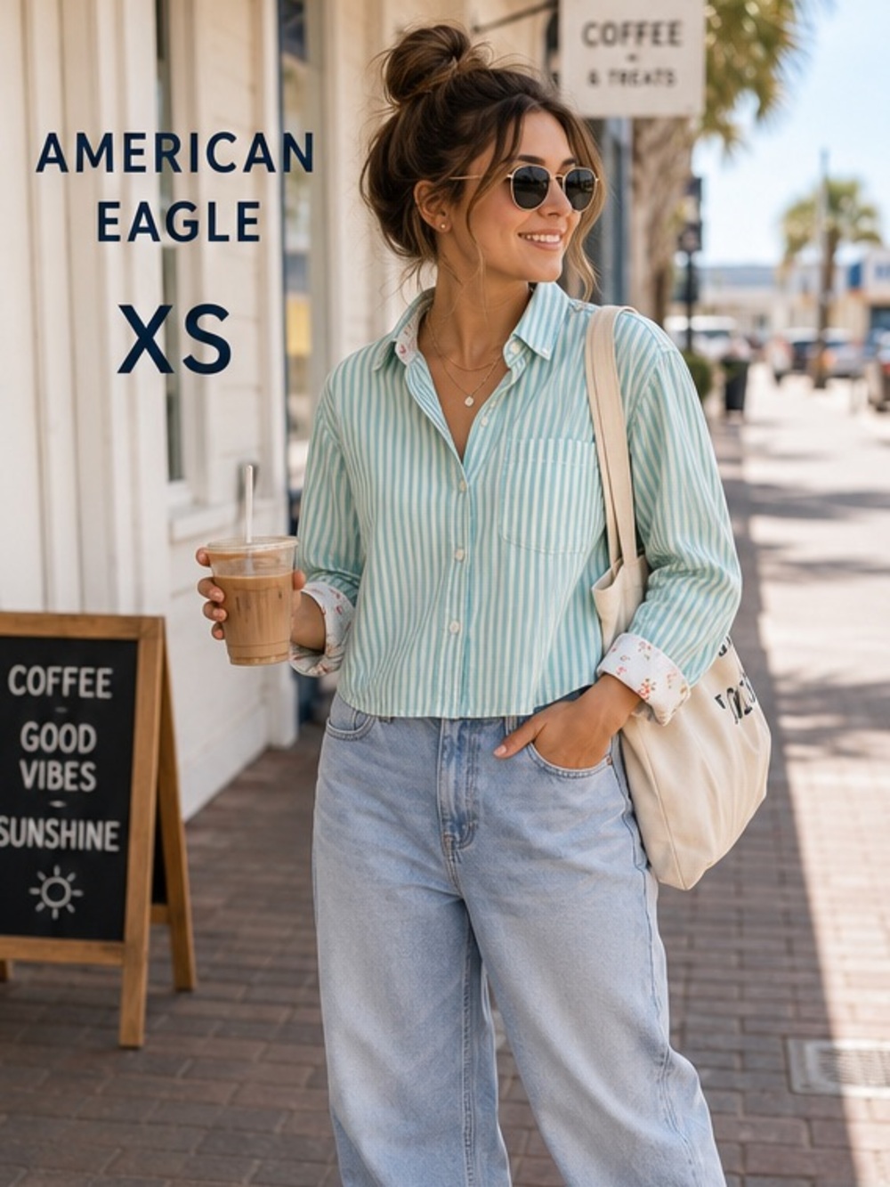 American Eagle XS Mint Green Stripe Cropped Button Down Floral Cuff Shirt